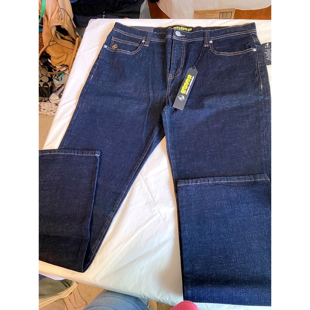 Crash Slogan Optional Mens Dark Wash Straight Leg Denim Jeans Indigo Blue NWT